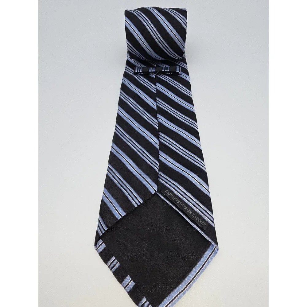 Express Design Studio Blue Black White Striped Italian Silk Tie 60